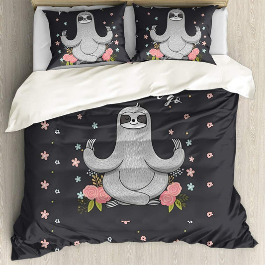 ARTS Funny Cartoon Yoga Sloth Design 3 PCS Comfort Soft Bedding Set-1 Piece Quilt Cover with 2 Piece Lightweight Throw Pillow Covers for Kids