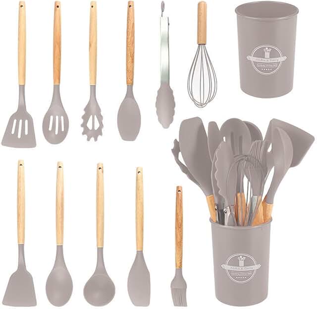 12-Piece Silicone Kitchen Utensil Set with Wooden Handles