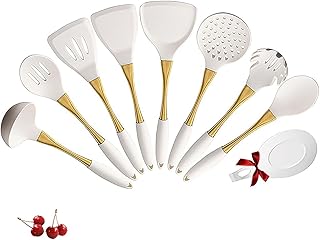 White and gold 9-piece silicone cookware set with stainless steel handles