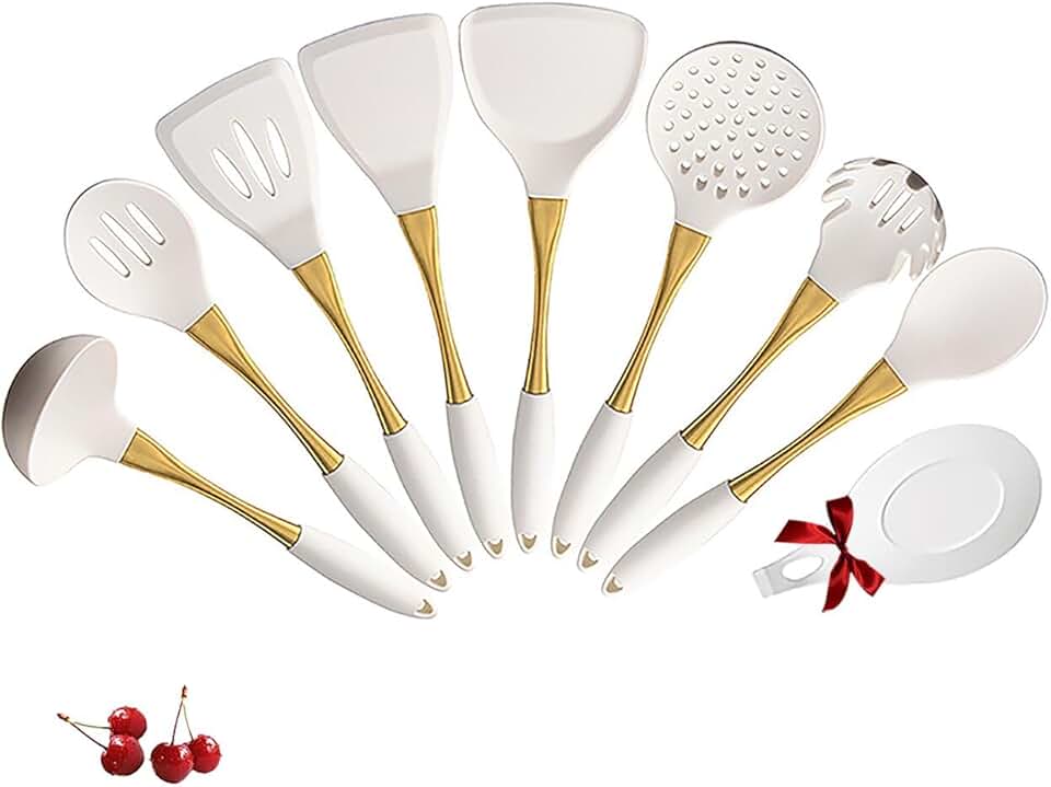 White and gold 9-piece silicone cookware set with stainless steel handles