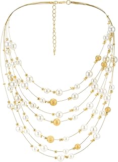 Layered White Faux Pearl Necklace with Gold Beads