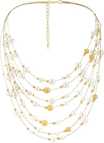 Layered White Faux Pearl Necklace with Gold Beads
