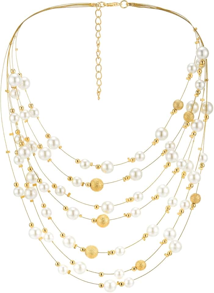 Layered White Faux Pearl Necklace with Gold Beads