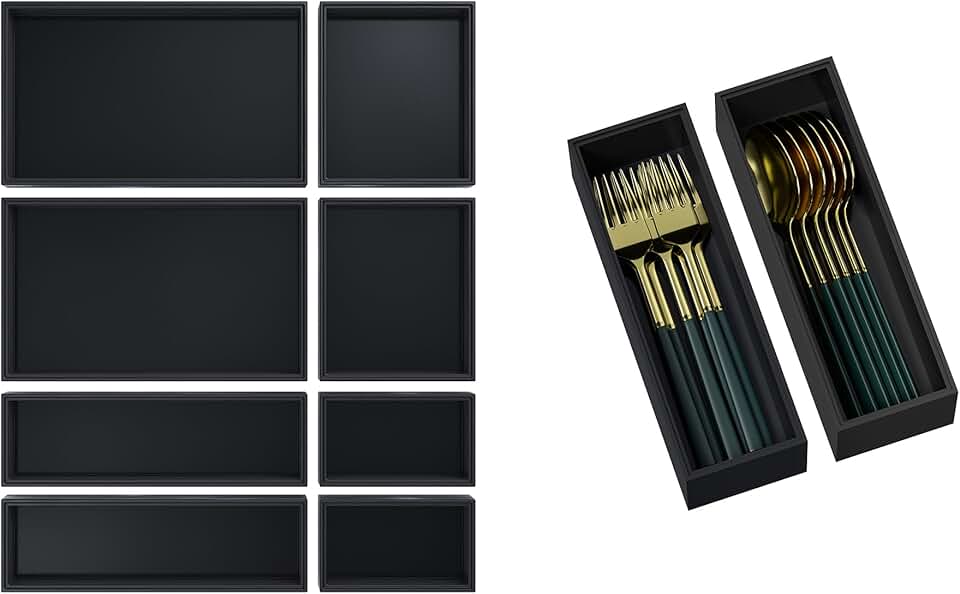 Small black silverware and drawer organizers, 8 pcs