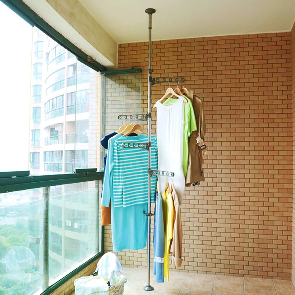 Adjustable Laundry Pole Clothes Drying Rack Coat Hanger DIY Floor to Ceiling Tension Rod Storage Organizer for Indoor, Balcony  Grey