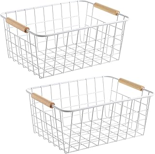 White wire baskets with wooden handles for storage