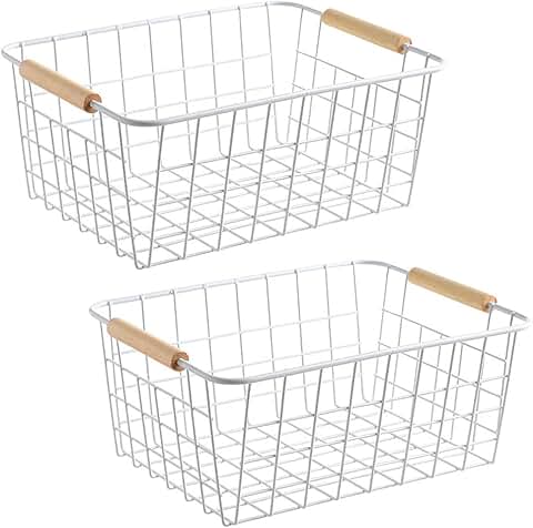 White wire baskets with wooden handles for storage