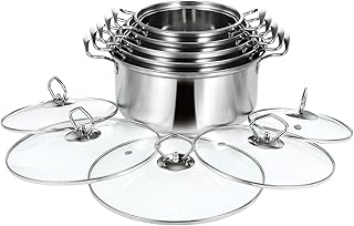 Five-piece stainless steel cookware set with pots and lids