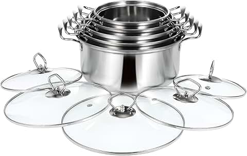 Five-piece stainless steel cookware set with pots and lids