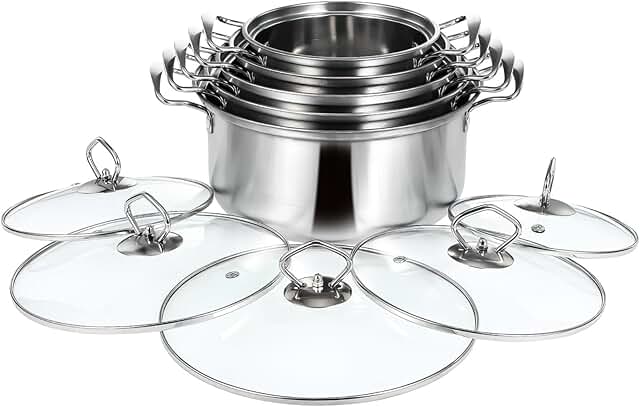 Five-piece stainless steel cookware set with pots and lids