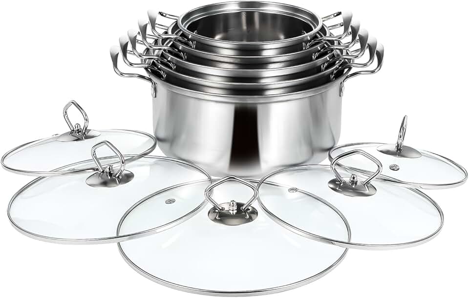 Five-piece stainless steel cookware set with pots and lids