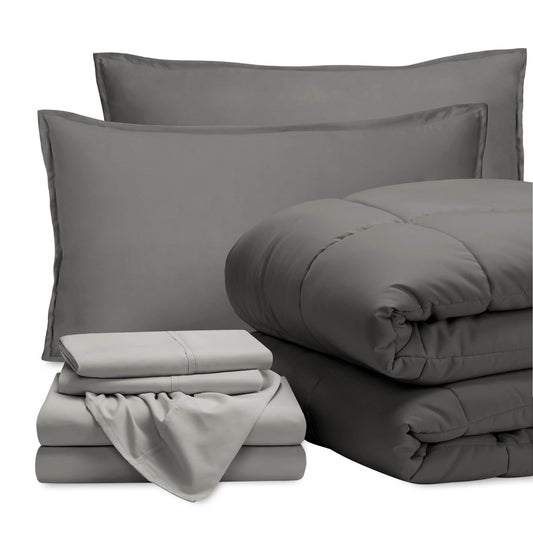 Bed-in-A-Bag 7 Piece Comforter  Sheet Set  King  Goose Down Alternative  Ultra-Soft 1800 Premium Bedding Set King, Grey/Light Grey)