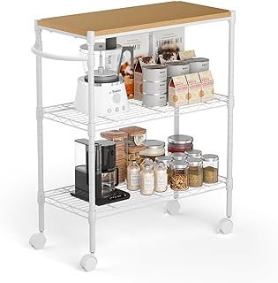 Three-Tier Metal Rolling Kitchen Cart with Lockable Shelves