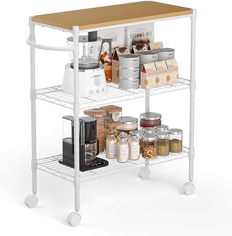 Three-Tier Metal Rolling Kitchen Cart with Lockable Shelves