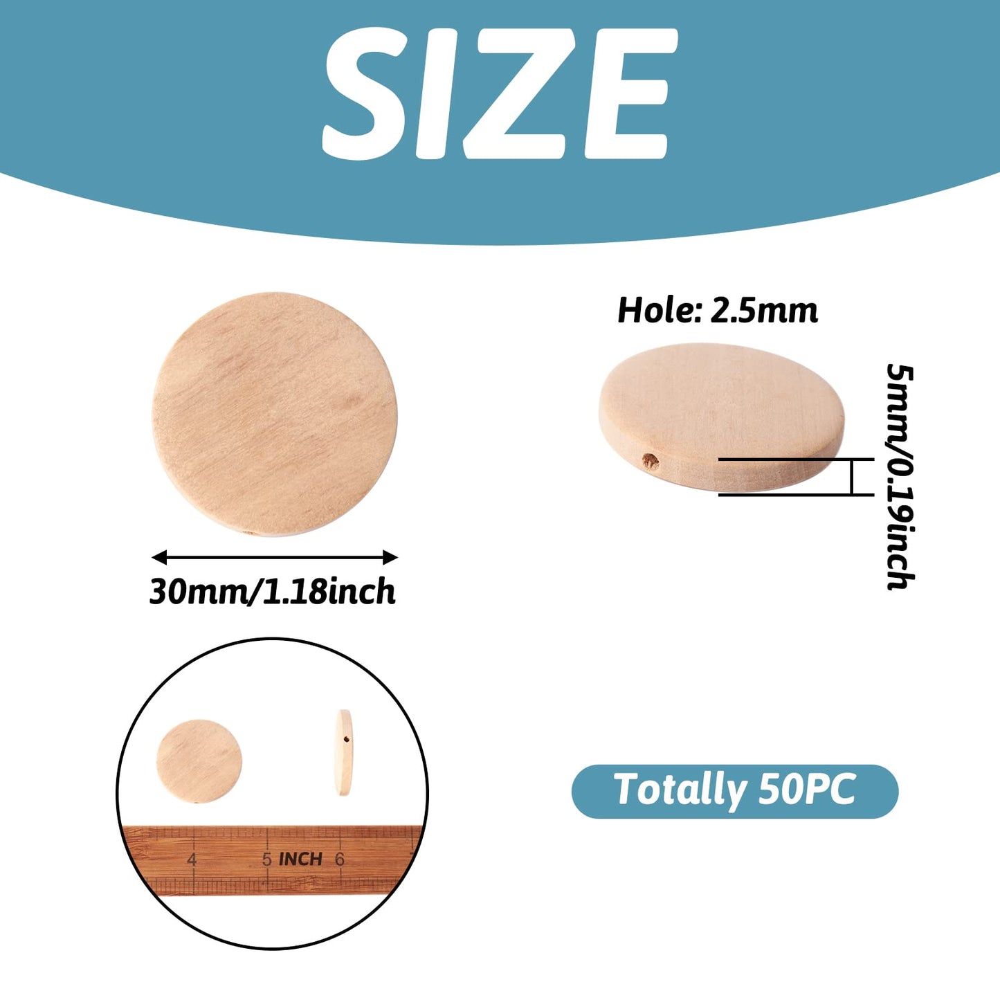 50Pcs Unpainted Wooden Coin Beads 30x5mm