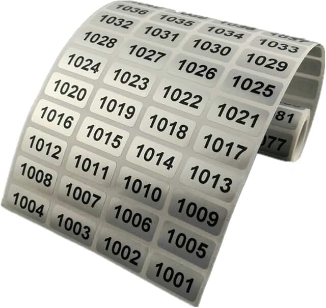 Waterproof Number Stickers 0.39 x 0.78 Inch Black on Silver (1001-2000)
