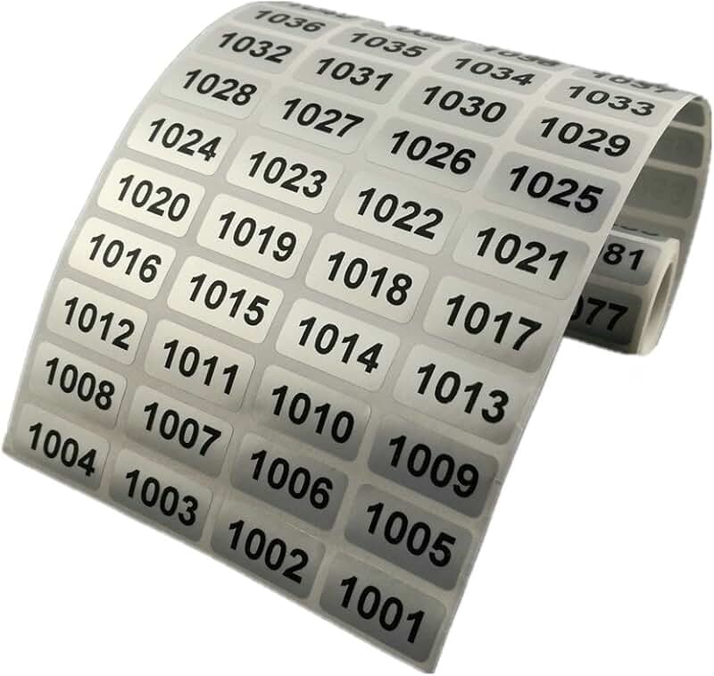 Waterproof Number Stickers 0.39 x 0.78 Inch Black on Silver (1001-2000)