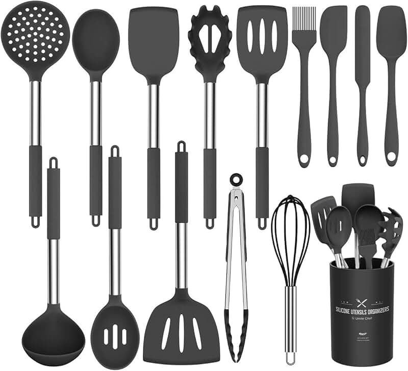 15-Piece Silicone Kitchen Utensil Set with Stainless Steel Handles