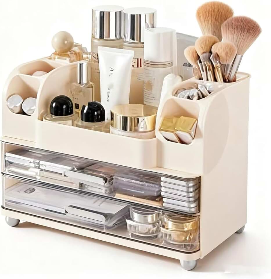 Cream-colored Drawer and Beauty Tool Organizer