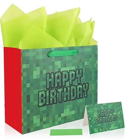 Pixel-themed birthday goodie bags with tissue paper and greeting card