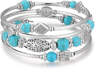 Layered Turquoise Bead Bangle with Agate Stone