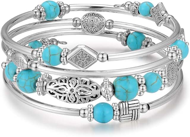 Layered Turquoise Bead Bangle with Agate Stone