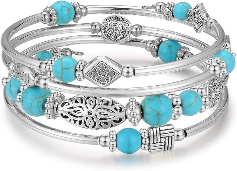 Layered Turquoise Bead Bangle with Agate Stone