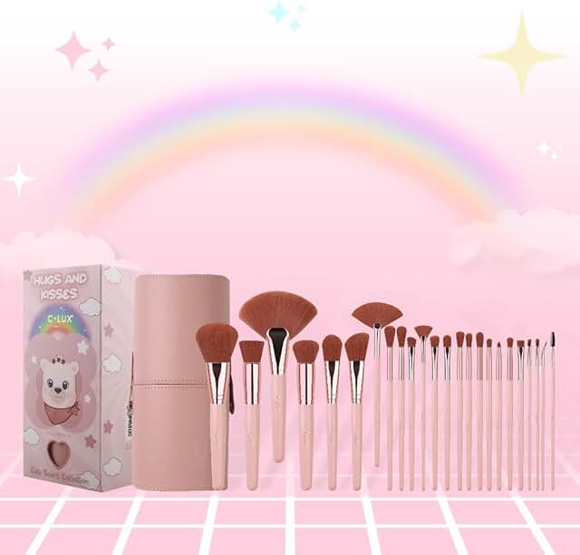 24-Piece Pink Makeup Brush Set with Travel Holder