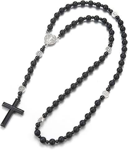 Men's Tiger Eye Cross Necklace with Obsidian and Lava Rock