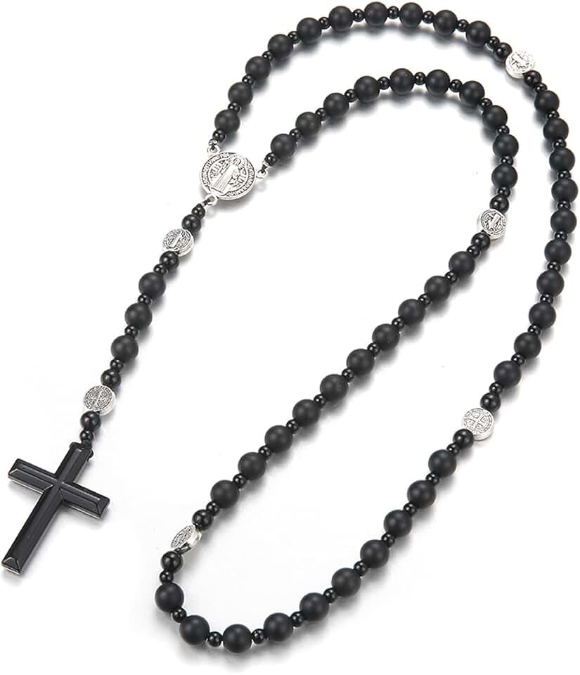 Men's Tiger Eye Cross Necklace with Obsidian and Lava Rock