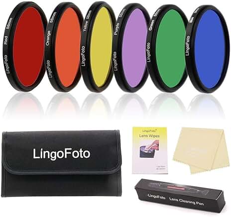 Six-piece full-color lens filter set with pouch and cleaning tools