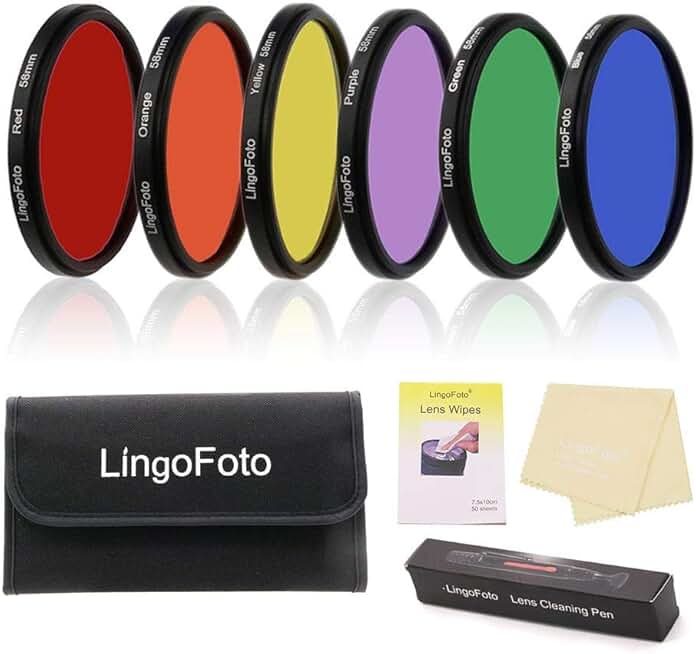 Six-piece full-color lens filter set with pouch and cleaning tools