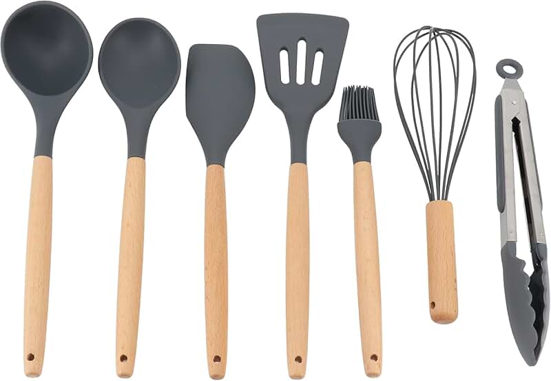 7-Piece Grey Silicone Kitchen Utensil Set with Beech Handles
