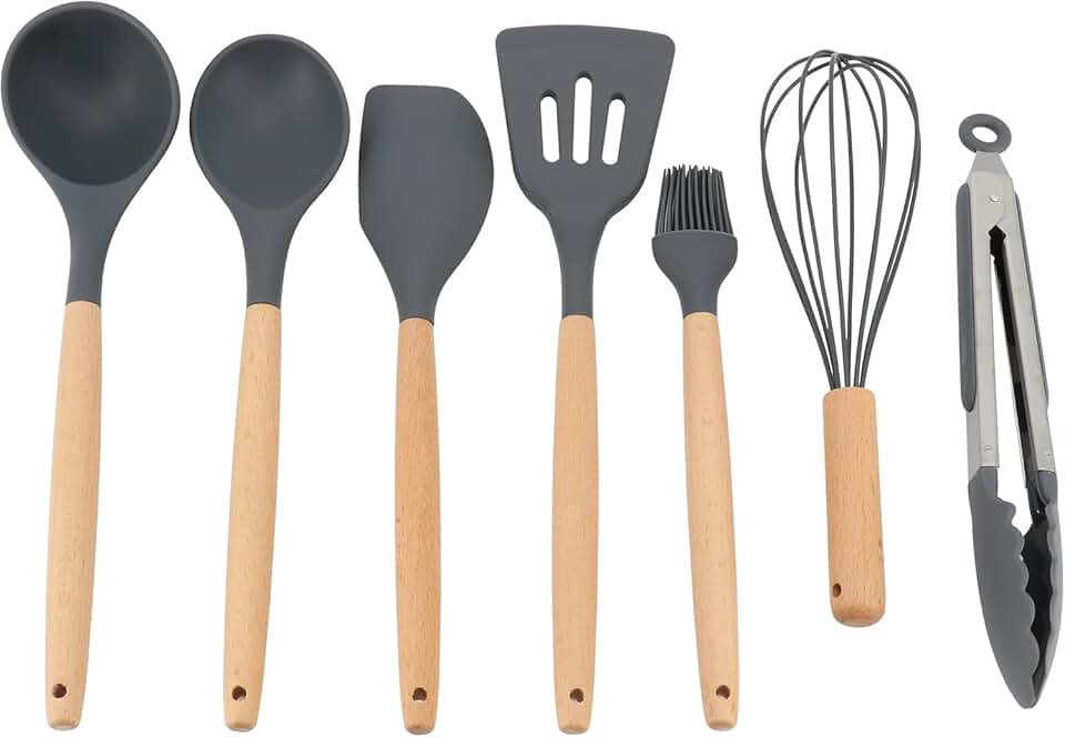 7-Piece Grey Silicone Kitchen Utensil Set with Beech Handles