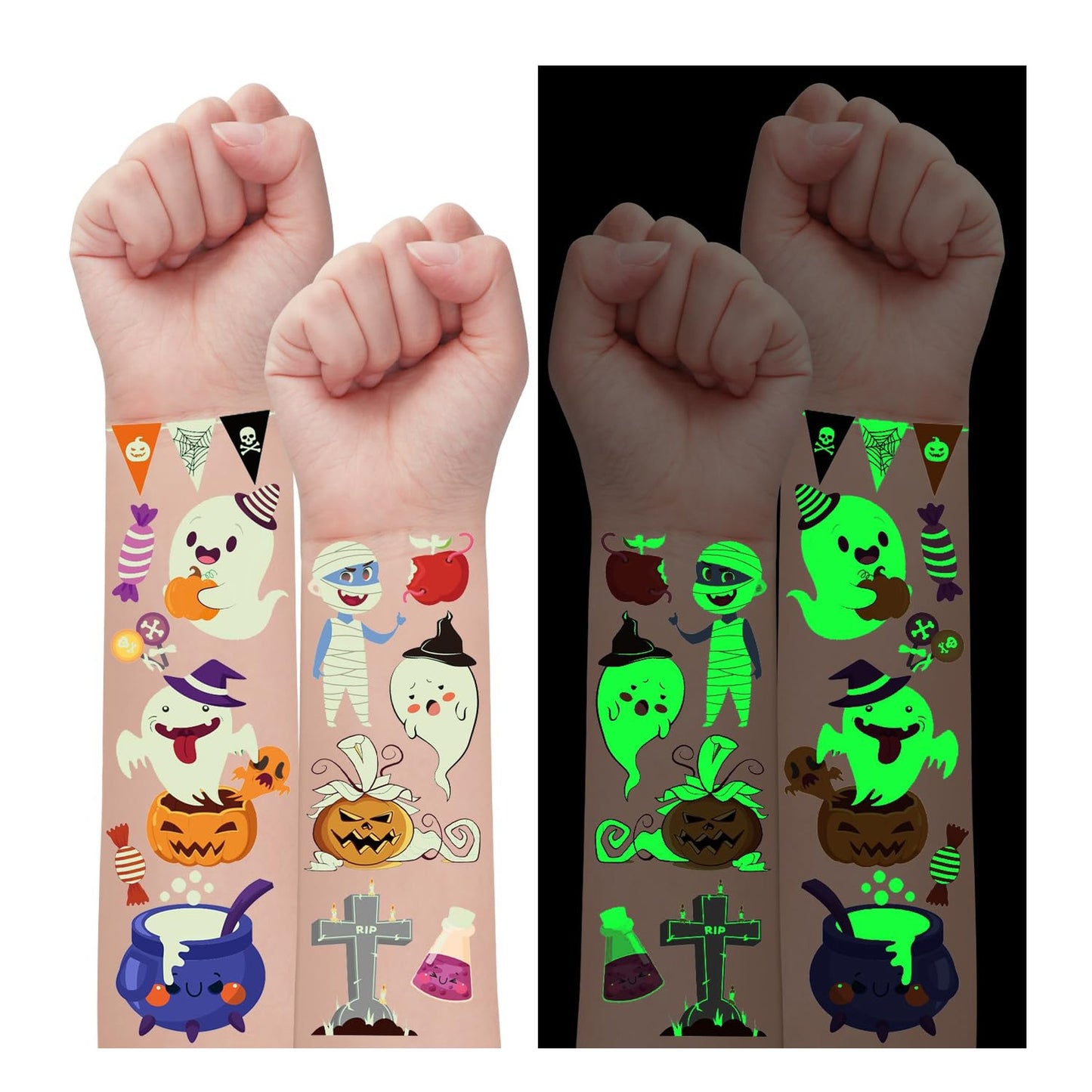 Glowing Party Fun Pack - 120 Styles Temporary Tattoos for Kids - Luminous Glow Decorations and Goodie Bag Fillers - Boys and Girls Treats - 12 Sheets