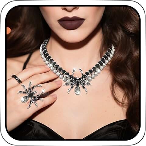 Gothic Choker Necklace and Ring Set with Rhinestones