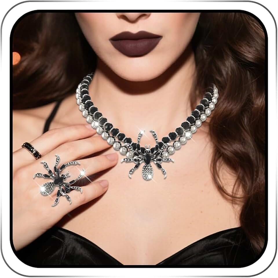 Gothic Choker Necklace and Ring Set with Rhinestones