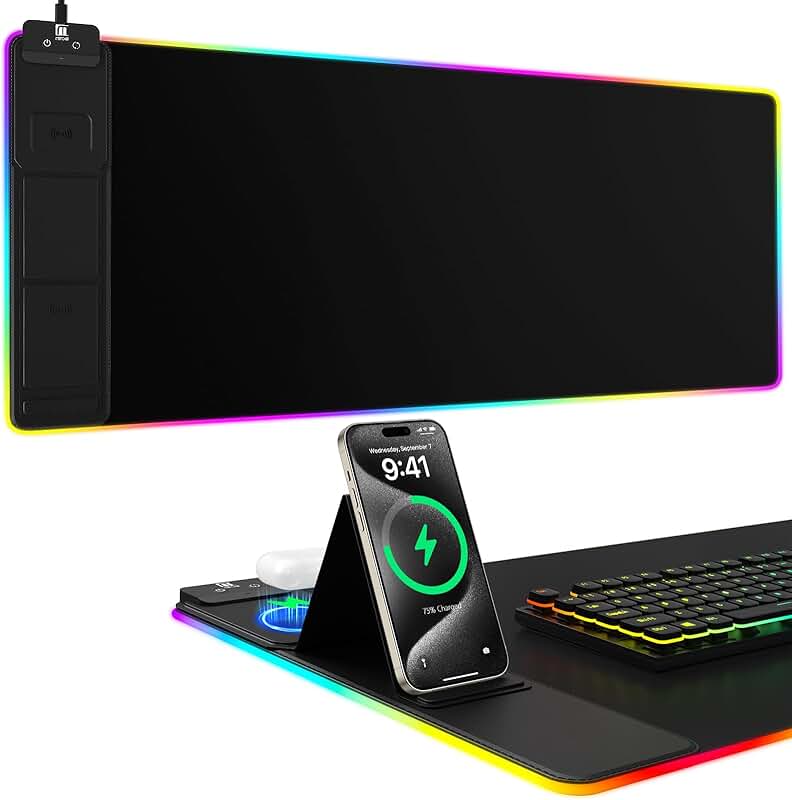 Large Black Desk Mat with Phone Holder and Wireless Charging
