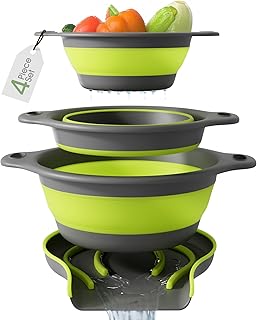 Set of three collapsible silicone colanders with self-draining base
