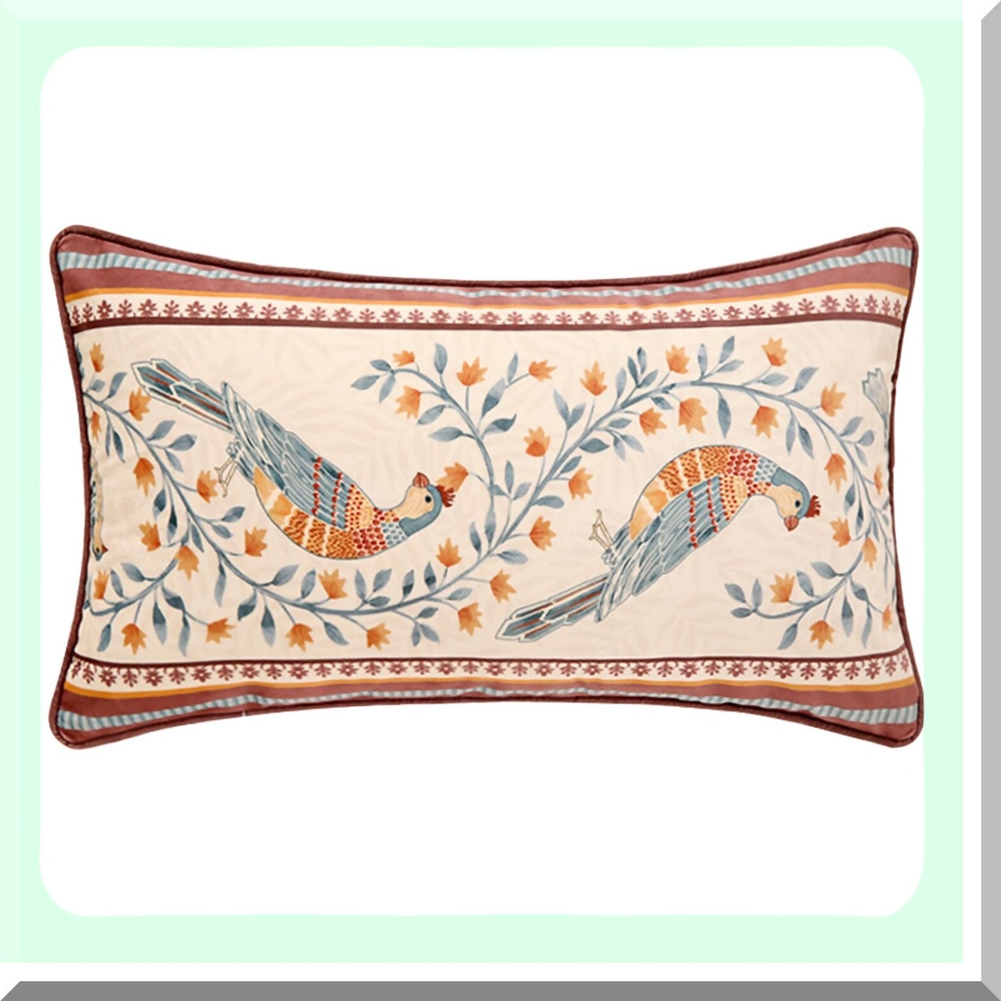 Vintage Velvet Bird Floral Lumbar Pillowcase - Farmhouse Decor Throw Pillow Cover 12"x20" for Couch Bed Living Room Outdoor