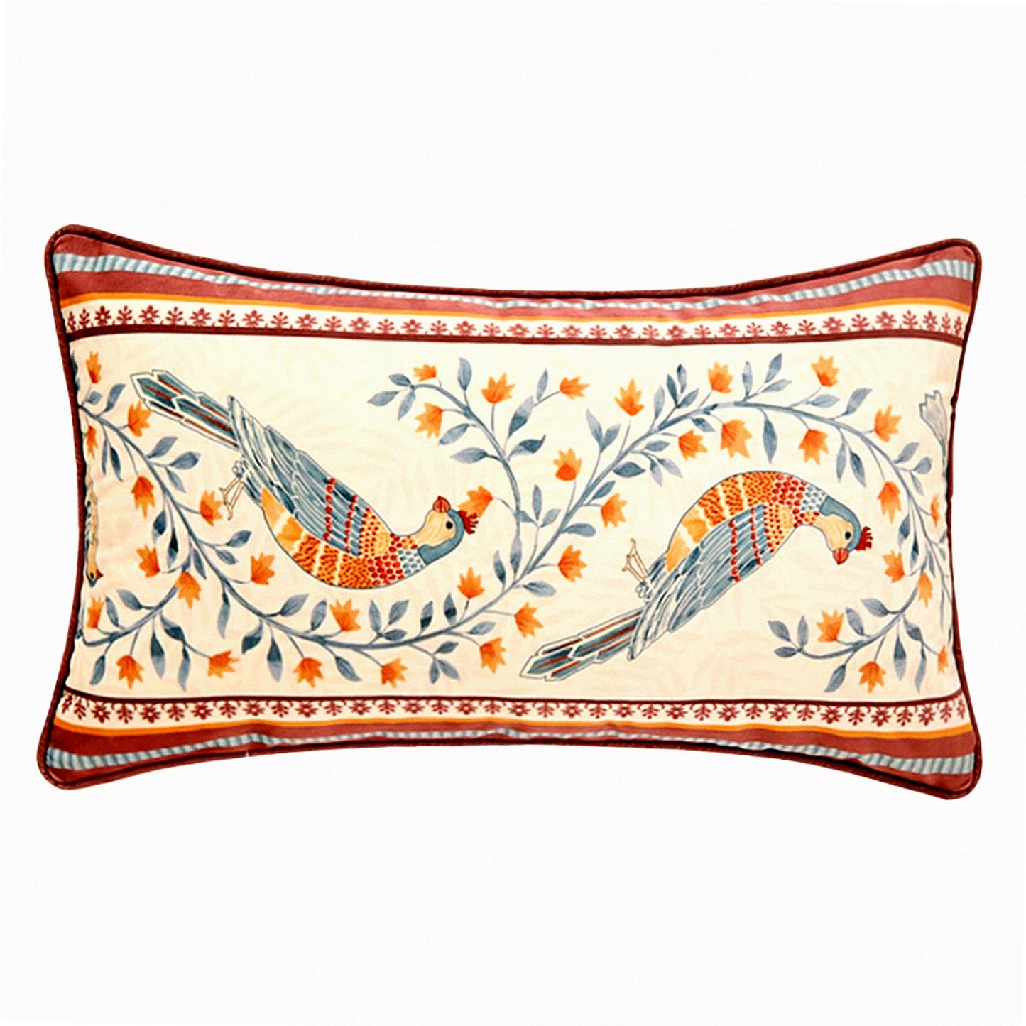 Vintage Velvet Bird Floral Lumbar Pillowcase - Farmhouse Decor Throw Pillow Cover 12"x20" for Couch Bed Living Room Outdoor