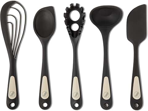 5-Piece Silicone Cooking Set with Flip, Mix, Whisk, Scoop, Strain, Scrape & Measure