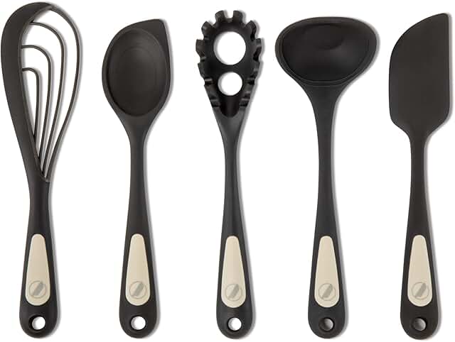 5-Piece Silicone Cooking Set with Flip, Mix, Whisk, Scoop, Strain, Scrape & Measure