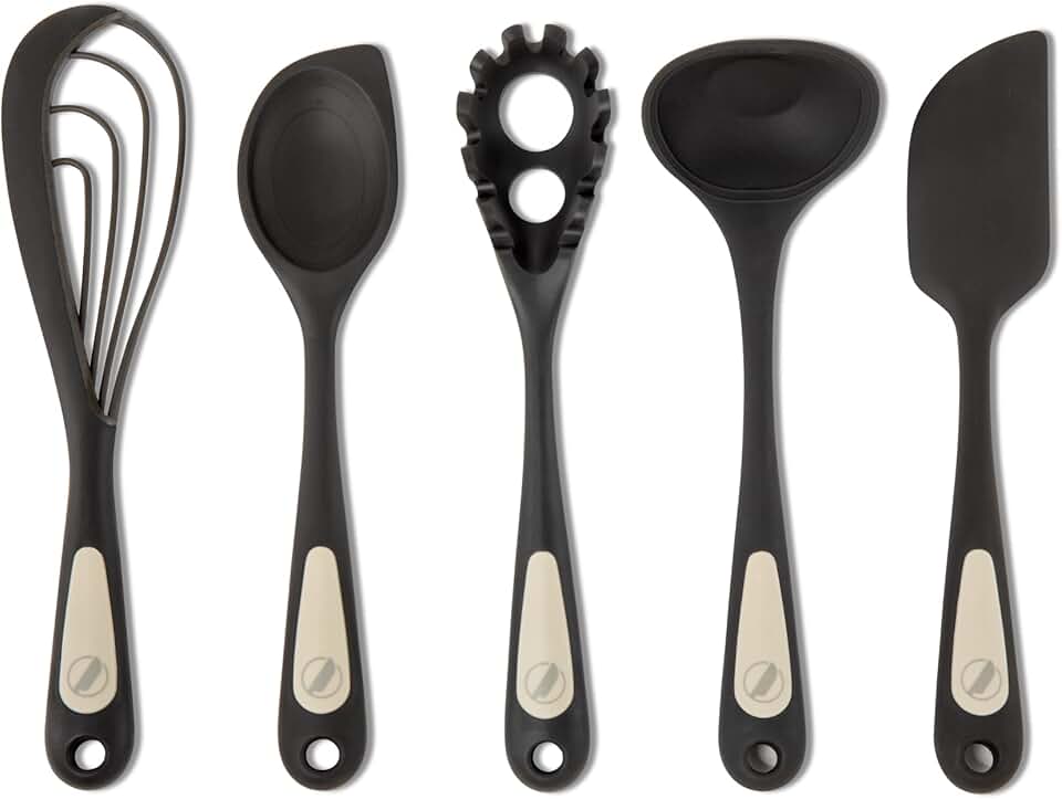 5-Piece Silicone Cooking Set with Flip, Mix, Whisk, Scoop, Strain, Scrape & Measure