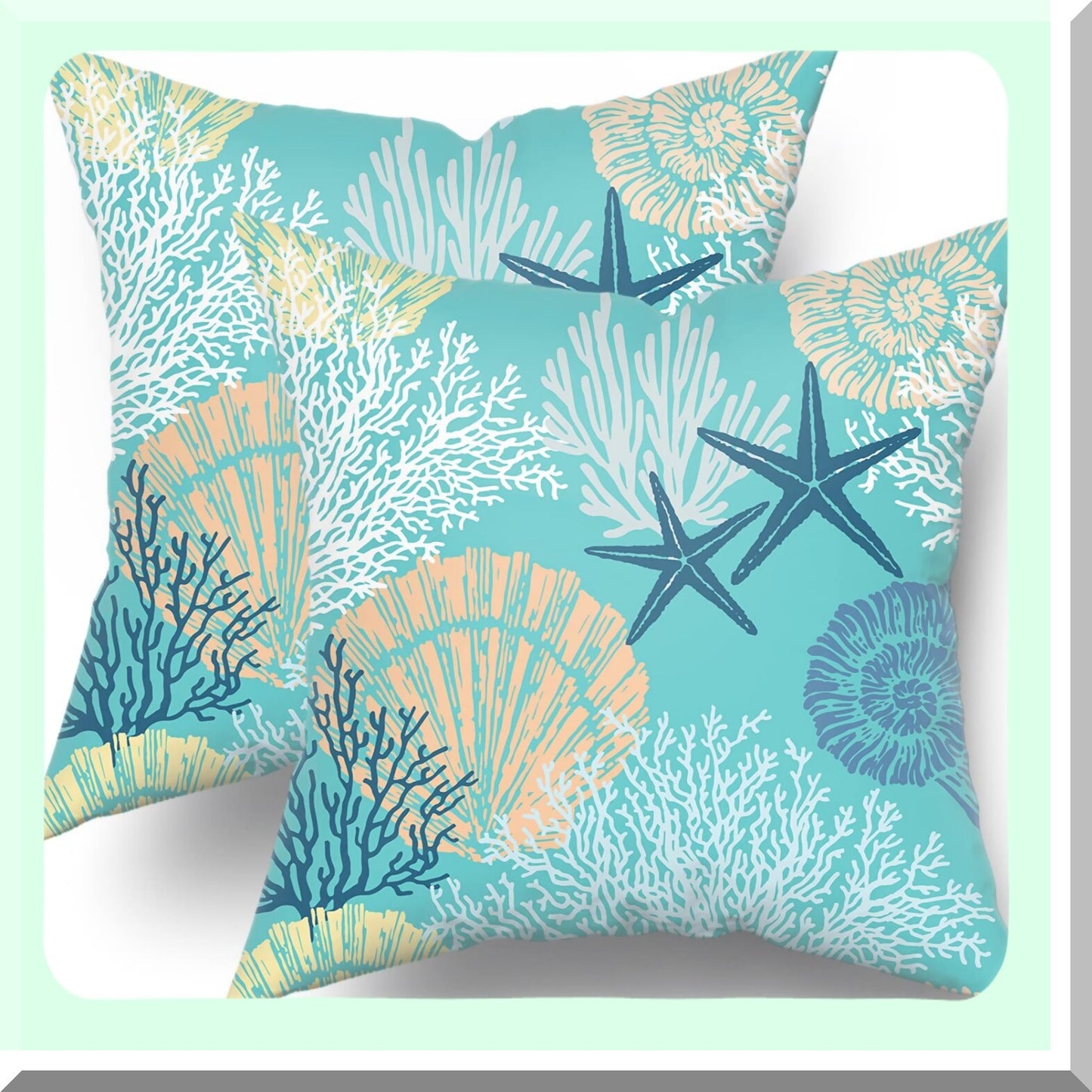 Nautical Starfish Seashell Pillow Covers Set - Coastal Beach Cushion Cases 18x18 Inch - Soft Cotton Square Throw Pillows for Home Sofa Patio Bedroom - Green