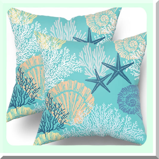 Nautical Starfish Seashell Pillow Covers Set - Coastal Beach Cushion Cases 18x18 Inch - Soft Cotton Square Throw Pillows for Home Sofa Patio Bedroom - Green