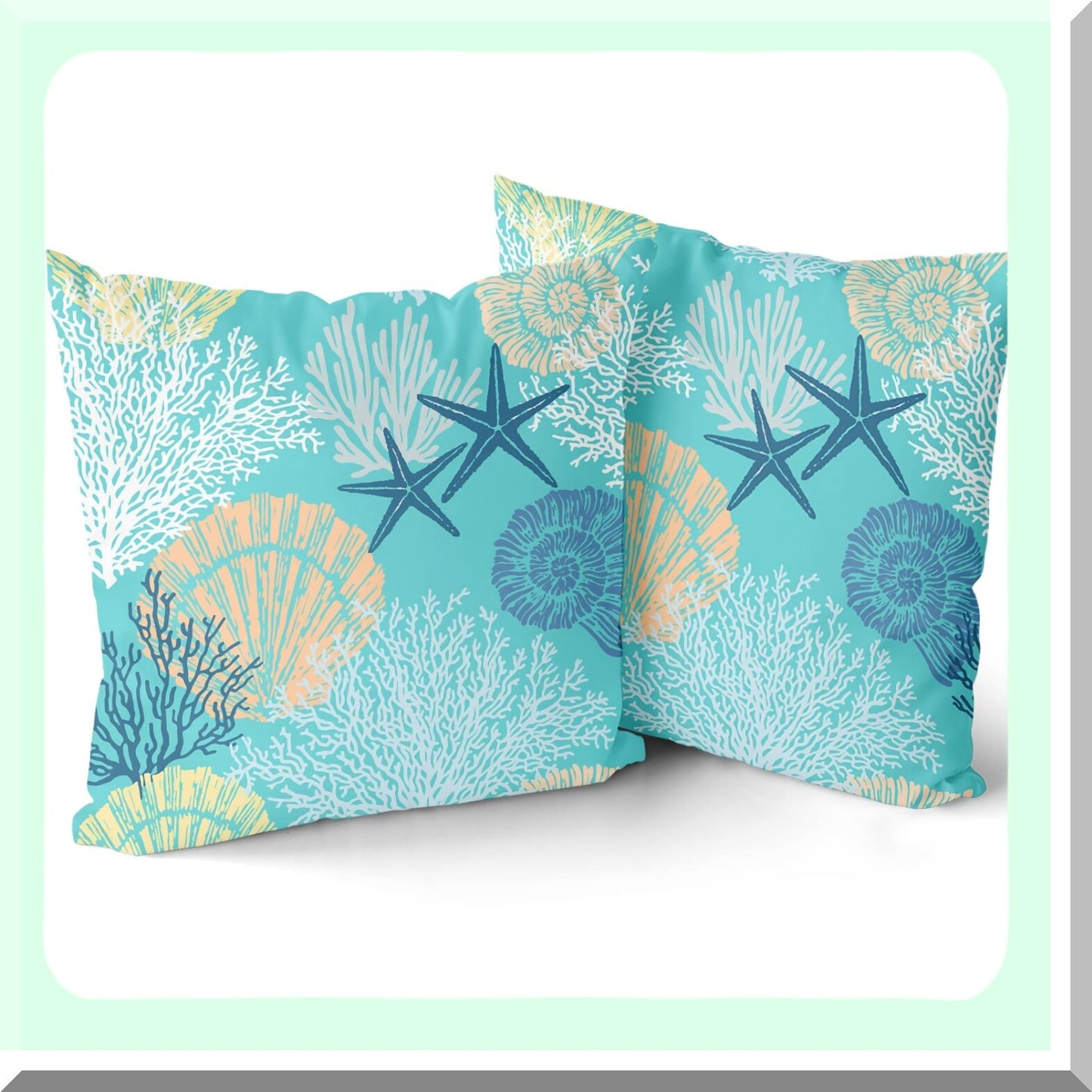 Nautical Starfish Seashell Pillow Covers Set - Coastal Beach Cushion Cases 18x18 Inch - Soft Cotton Square Throw Pillows for Home Sofa Patio Bedroom - Green