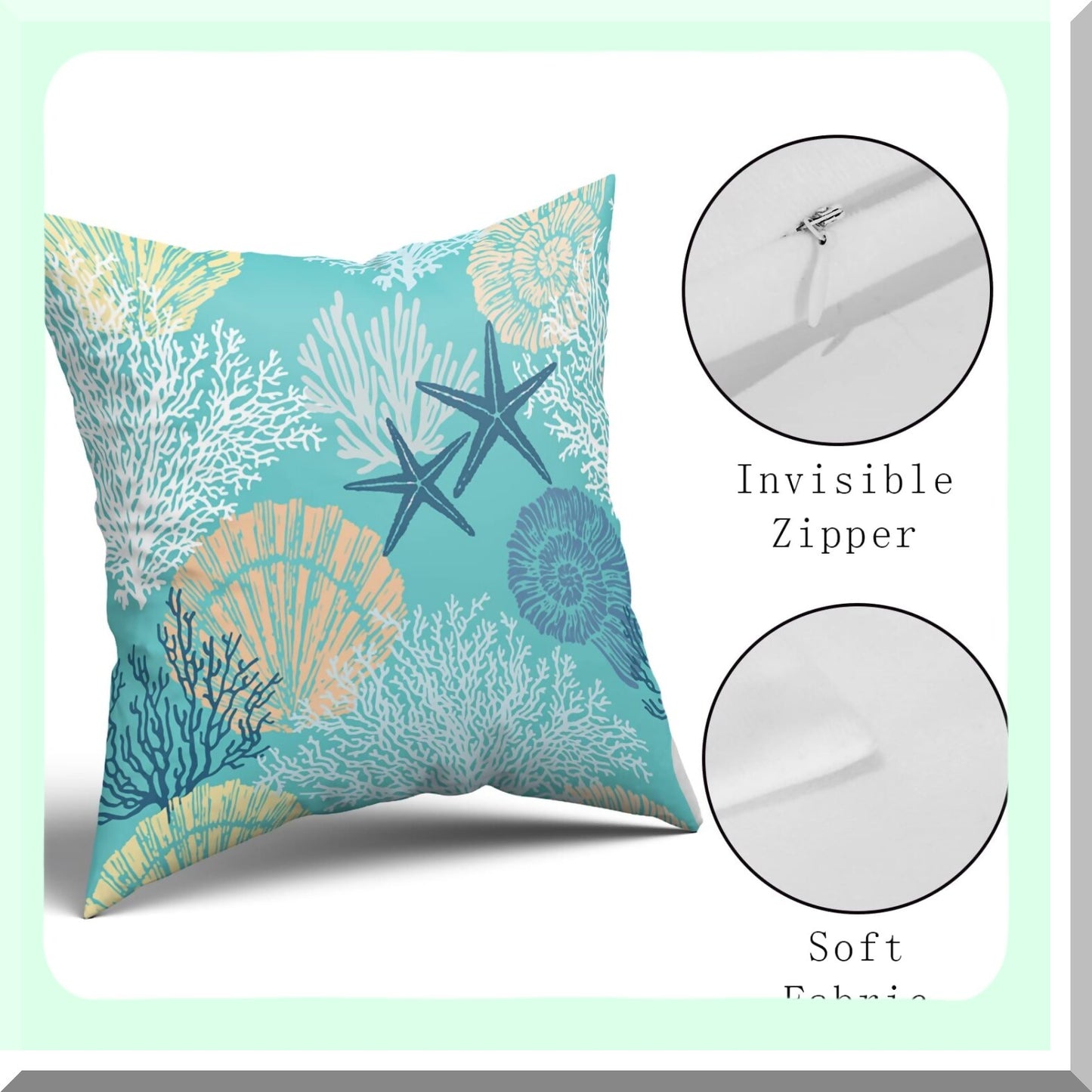 Nautical Starfish Seashell Pillow Covers Set - Coastal Beach Cushion Cases 18x18 Inch - Soft Cotton Square Throw Pillows for Home Sofa Patio Bedroom - Green