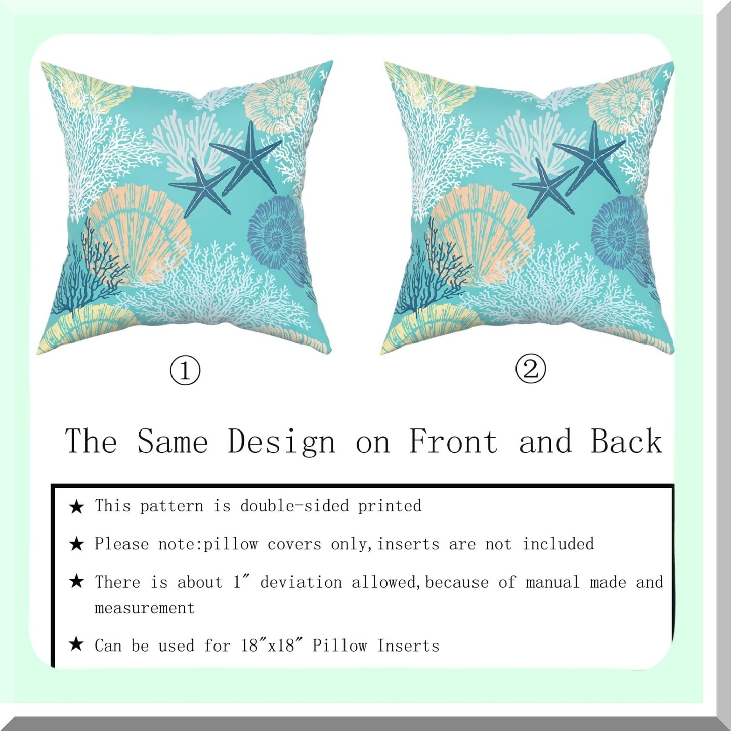 Nautical Starfish Seashell Pillow Covers Set - Coastal Beach Cushion Cases 18x18 Inch - Soft Cotton Square Throw Pillows for Home Sofa Patio Bedroom - Green