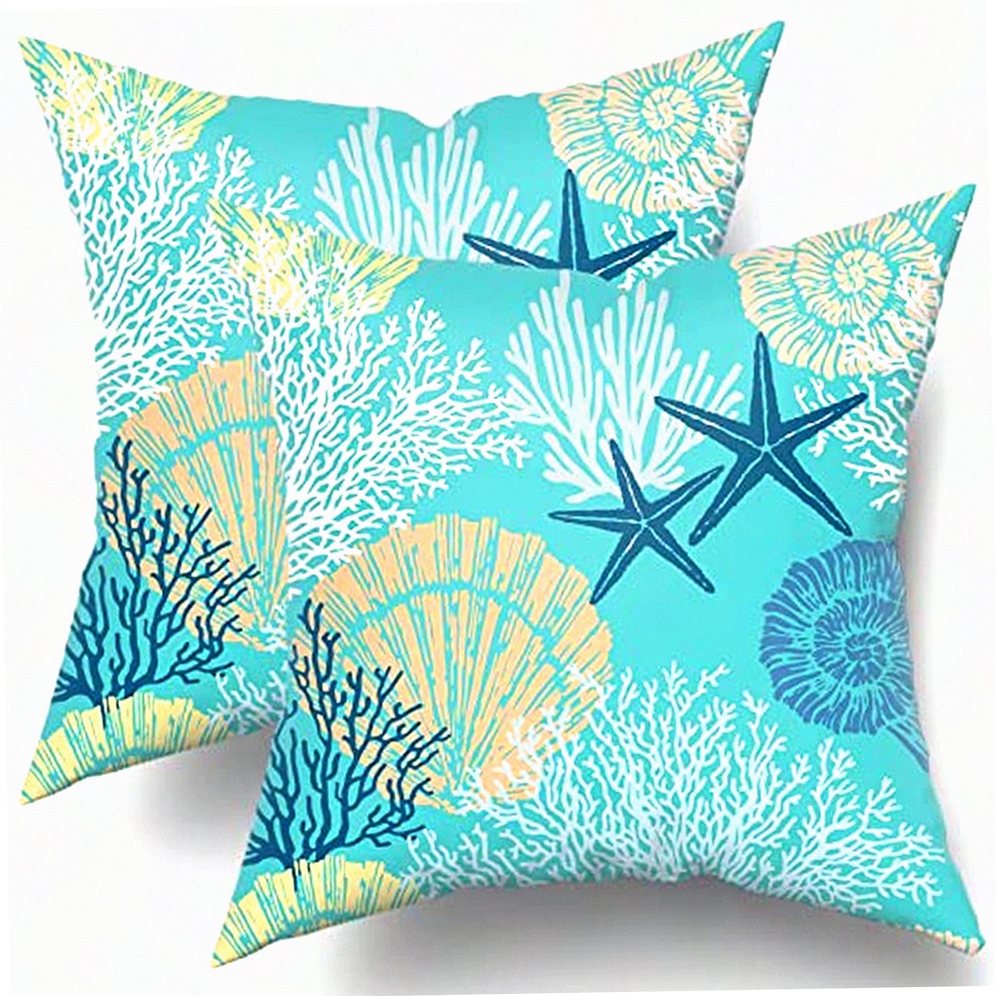 Nautical Starfish Seashell Pillow Covers Set - Coastal Beach Cushion Cases 18x18 Inch - Soft Cotton Square Throw Pillows for Home Sofa Patio Bedroom - Green